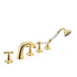 Tres, Clasic-Tres, TRES CLASIC BATERIA DWUUCHWYTOWA Z MONTAŻEM NA KRAWĘDZI WANNY 24-K ZŁOTO (24214602OR) 